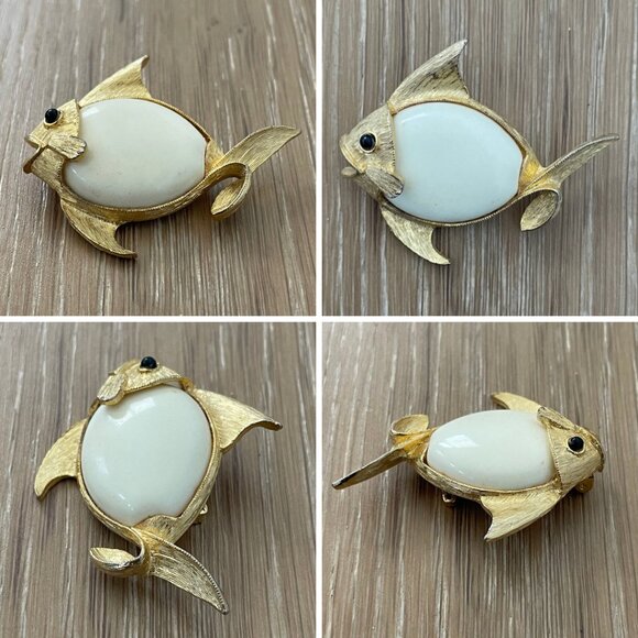 Vintage J.J. Brooch Fish Jonette Jewelry Company Gold tone Cream Signed Jewelry - Picture 5 of 9